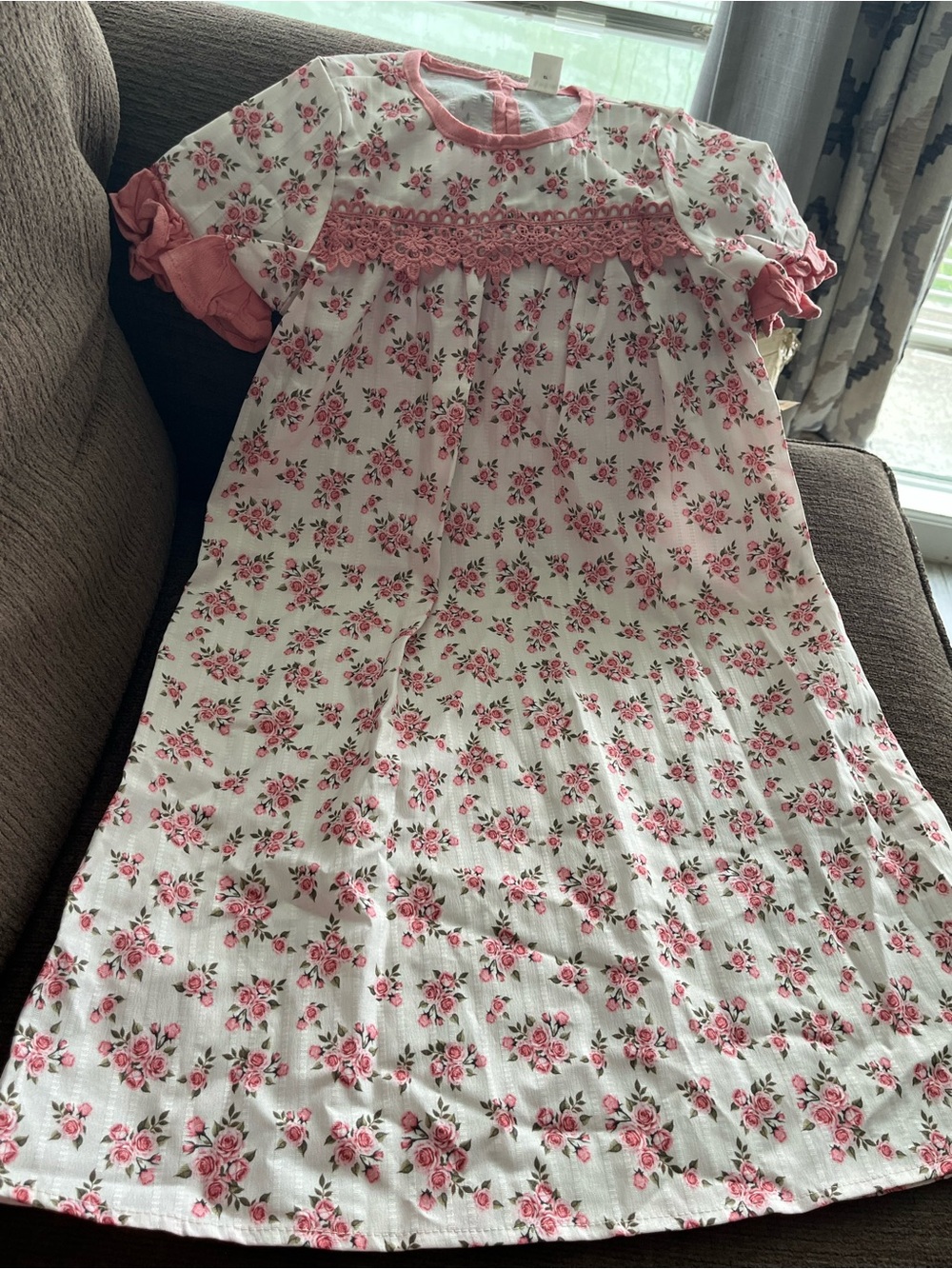 SHEIN White Dress with Pink Rose Print and Pink Trim